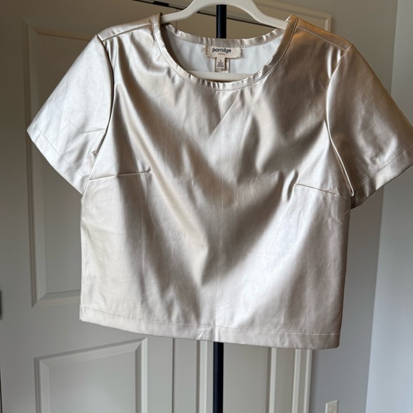 Porridge Tops - Anthropologie Porridge Faux Leather Cream Crop Top Minimalist Modern Blouse S